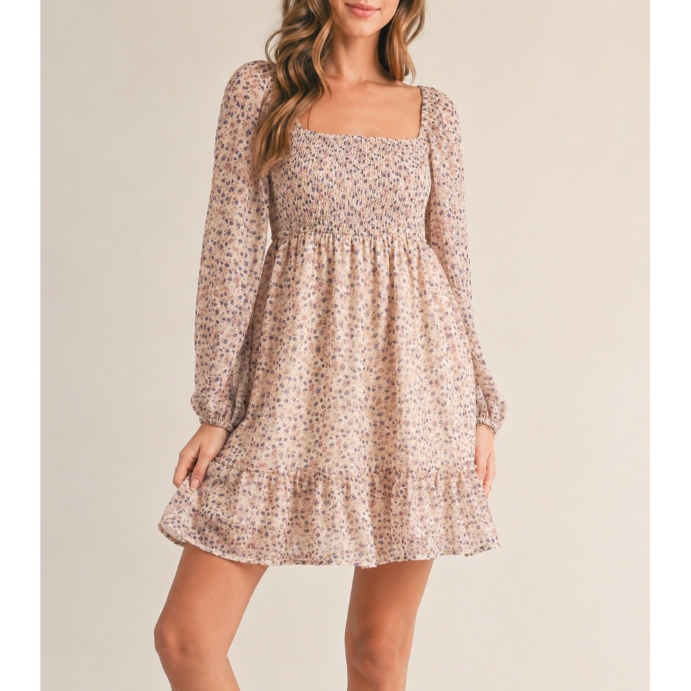 Entro Floral Smocked Babydoll Puff Sleeve Mini Dress Cream Small‎ NWT Regency